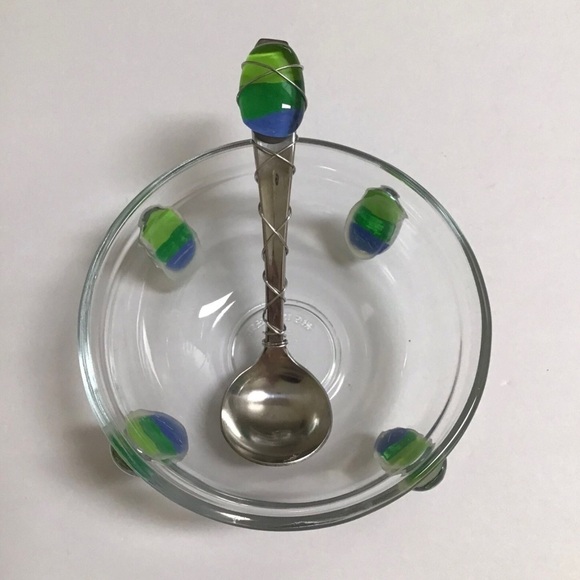 Art Glass Condiment Dish Blue Green Pebble Wire Wrapped Spoon Sea KIG Indonesia - Picture 10 of 12
